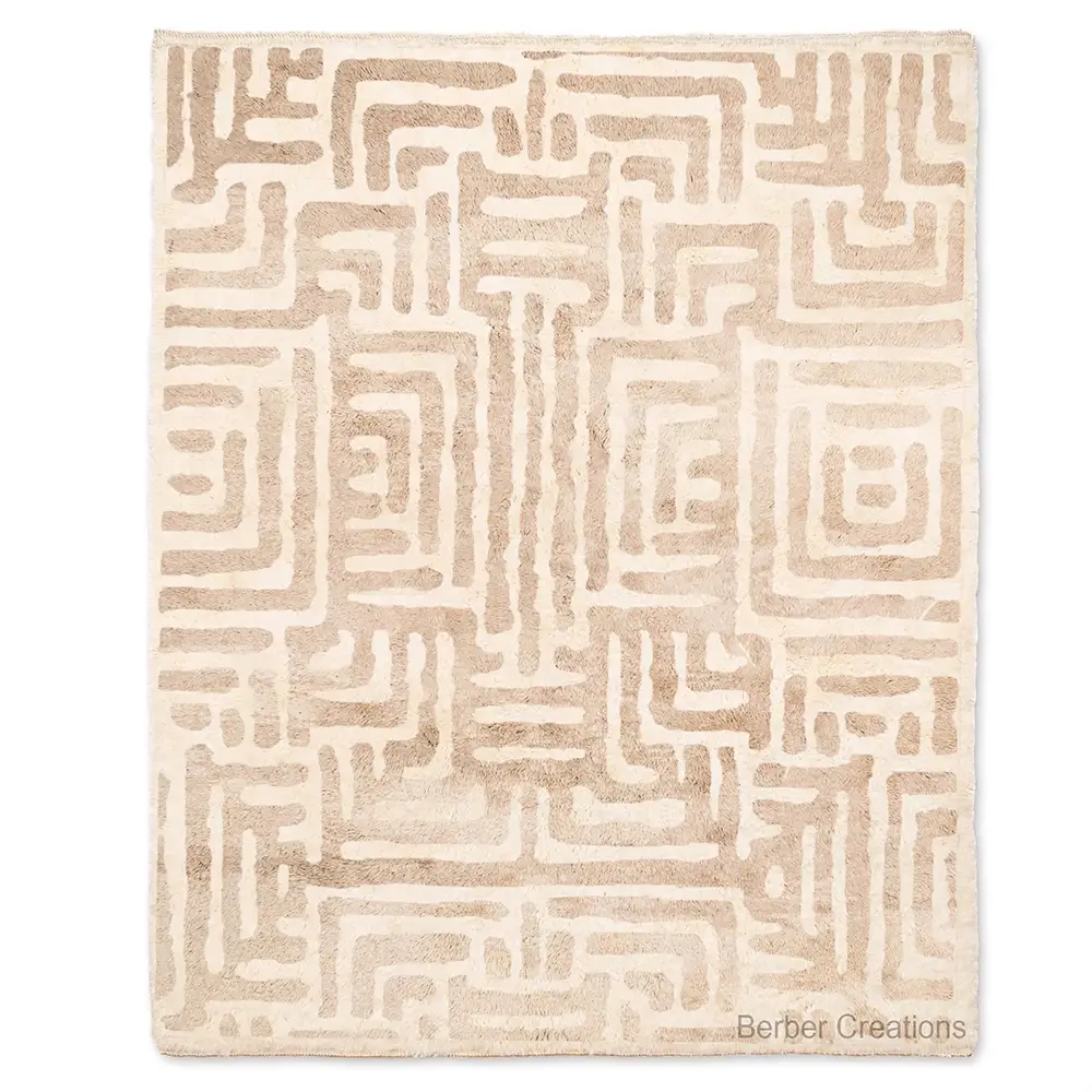 Authentic Moroccan Beni Ourain rug Berber Maze with an abstract labyrinth-like design in off-white and cream