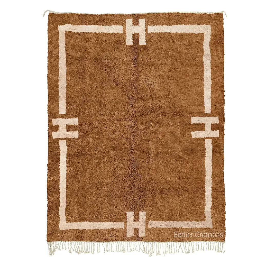 Authentic Moroccan Beni Ourain rug named "Berber Gate" with a brown field and unique H-shaped off-white border