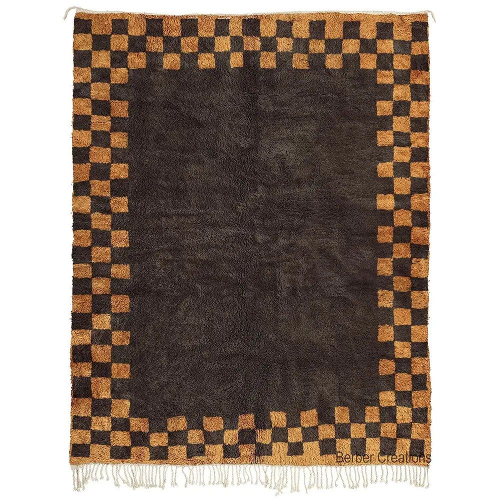 Authentic checkered Moroccan rug named "Atlas Check" with a dark brown and tan pattern