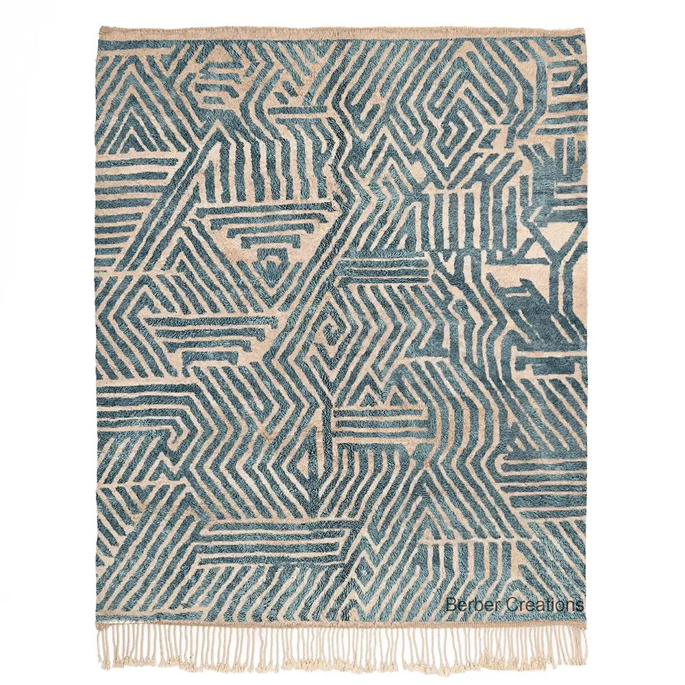 Beni Ourain rug, abstract Moroccan wool, hand-knotted, intricate geometric pattern blue, ODYSSEY area rug