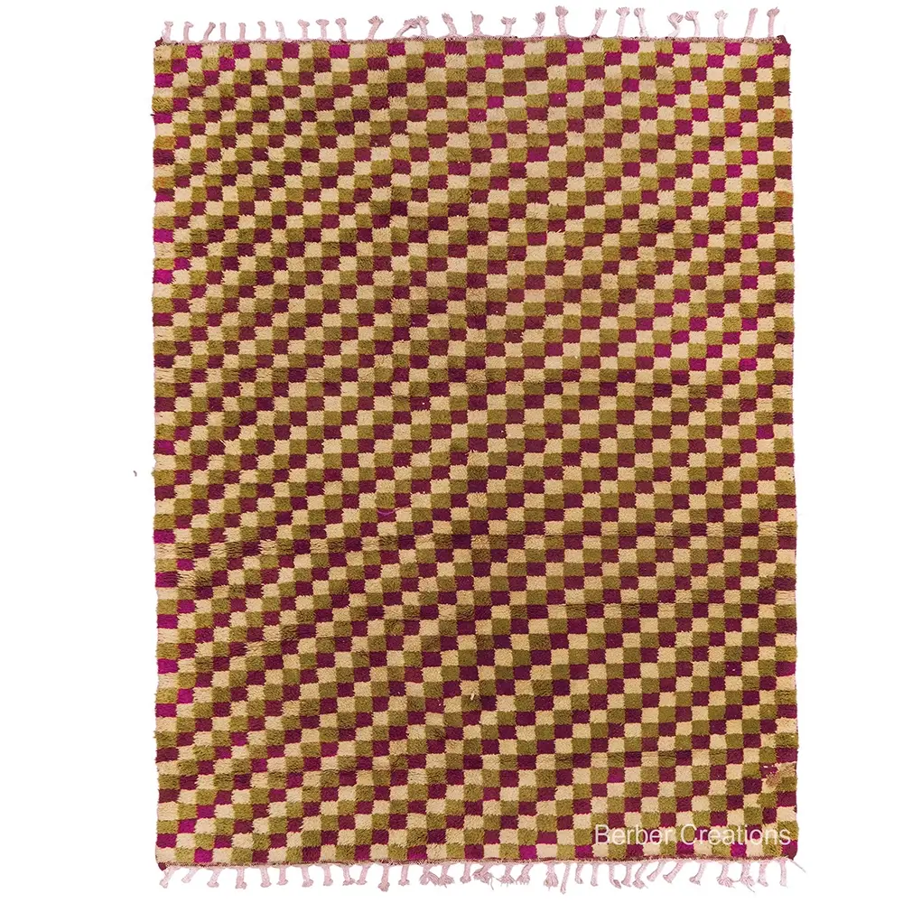 Beni Ourain rug with a dense checkered pattern in magenta burgundy and olive green, high pile wool, VINO area rug