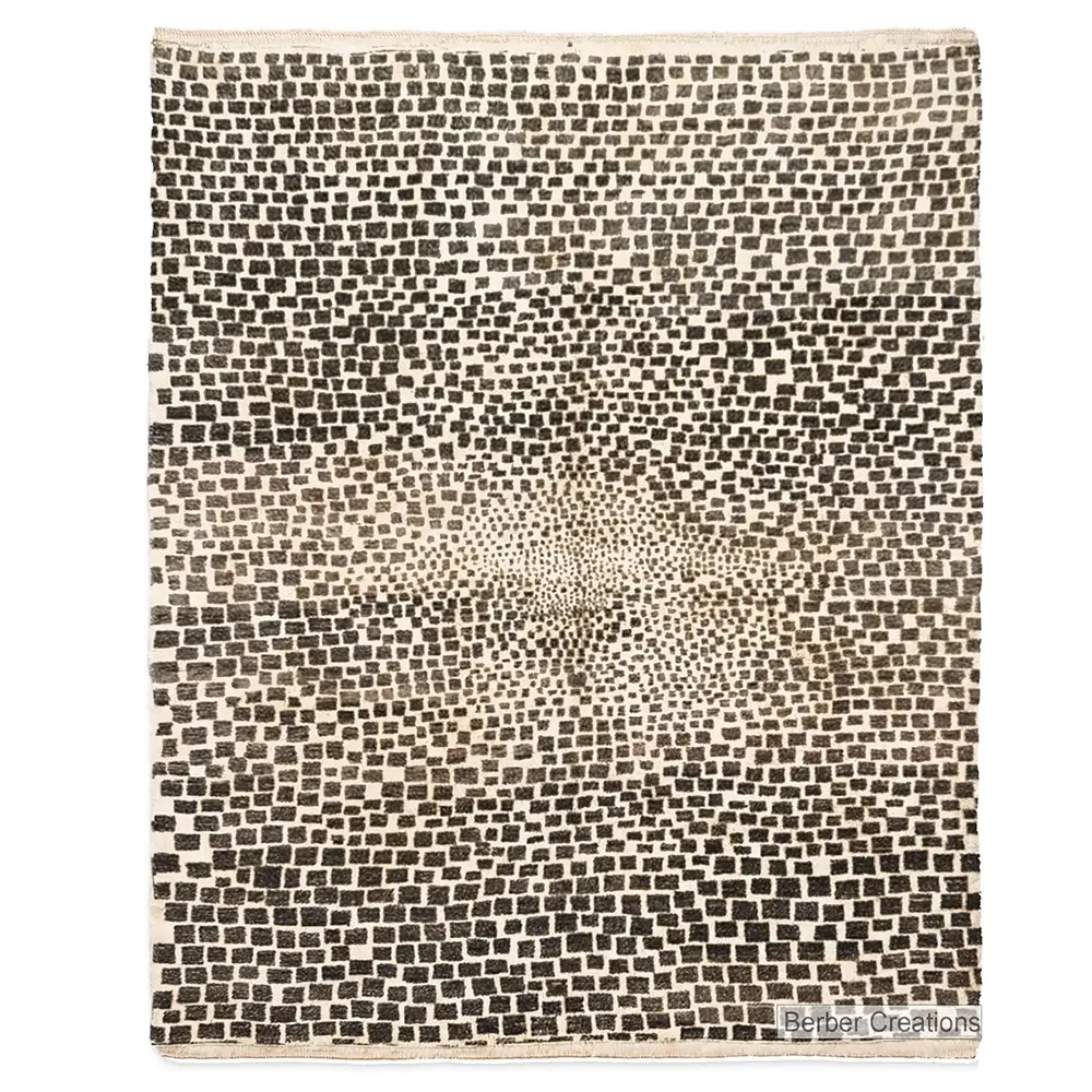 Black and white micro-checkered Beni Ourain rug, hand-knotted wool, optical illusion pattern, PIXEL area rug