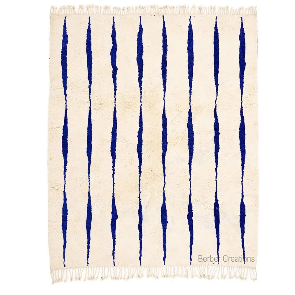 Blue and white vertical stripe rug, hand-knotted wool, modern design, MAJA area rug
