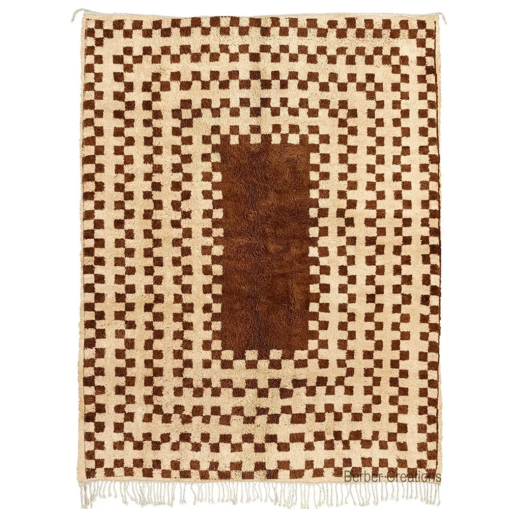Checkered brown Beni Ourain Moroccan rug, hand-knotted wool, unique pattern, REMI area rug