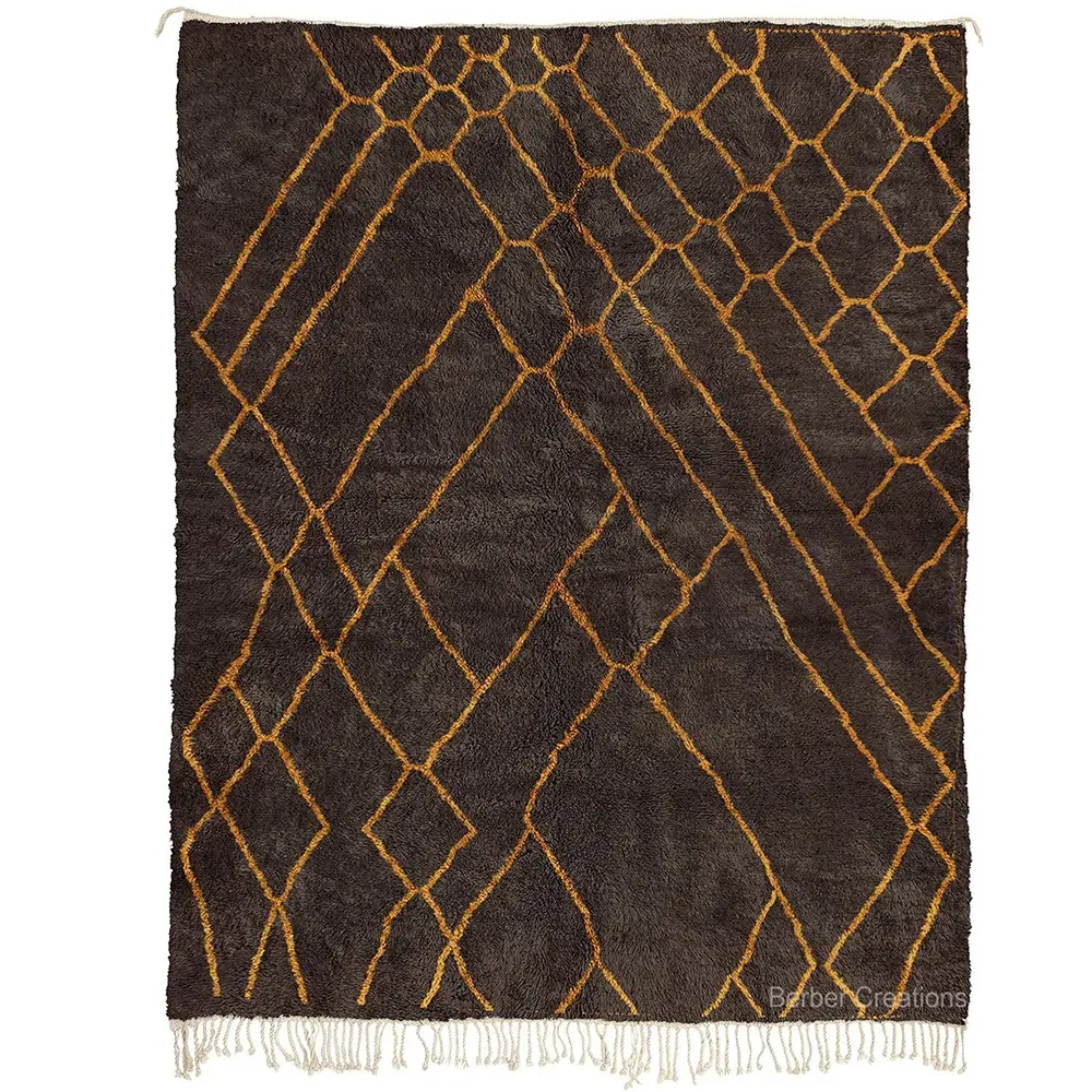 Dark brown and gold Beni Ourain rug, hand-knotted wool, striking geometric diamond pattern, JESPER area rug