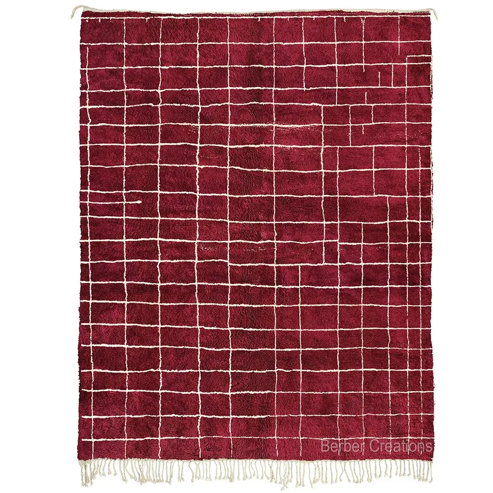 Hand-knotted Beni Ourain rug in deep burgundy with an irregular white grid pattern, high pile wool, MARA area rug