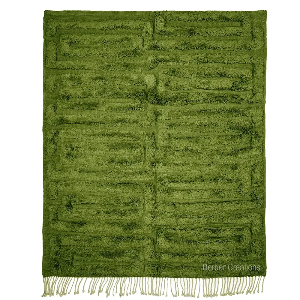 Hand-knotted Beni Ourain rug in solid vibrant green, subtle textured geometric pattern, high pile wool, JUNGLE area rug
