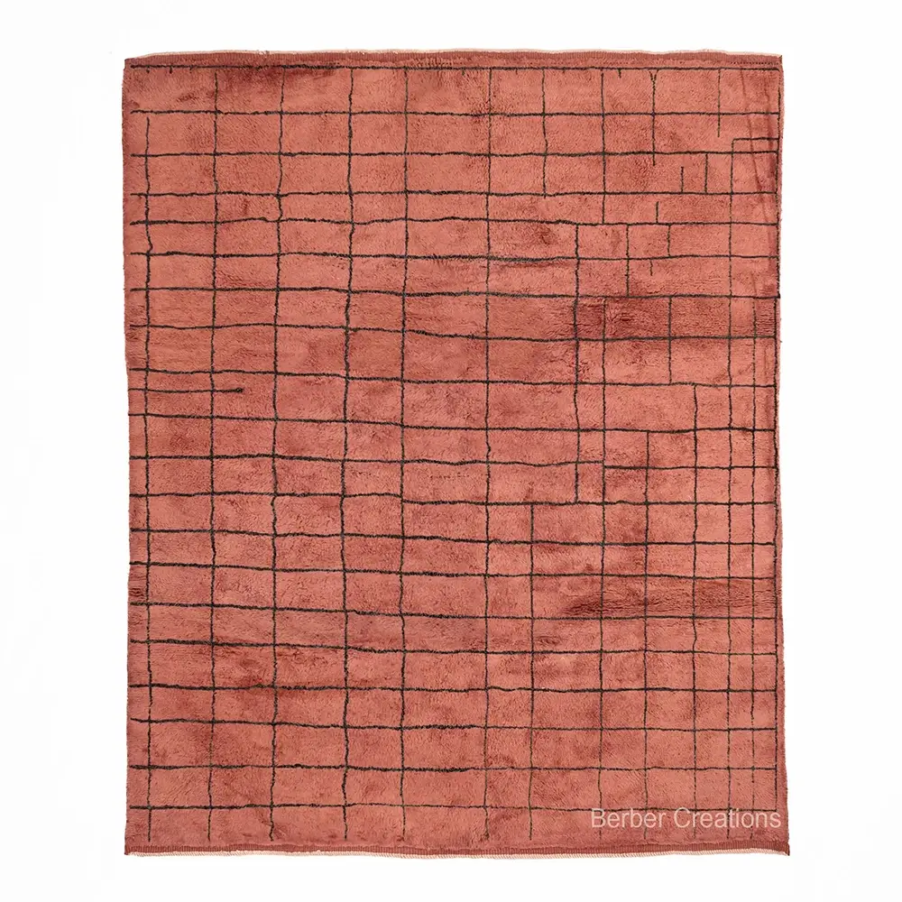 Hand-knotted Beni Ourain rug in terracottadusty rose with an irregular dark brown grid pattern, high pile wool, RUSTIC area rug