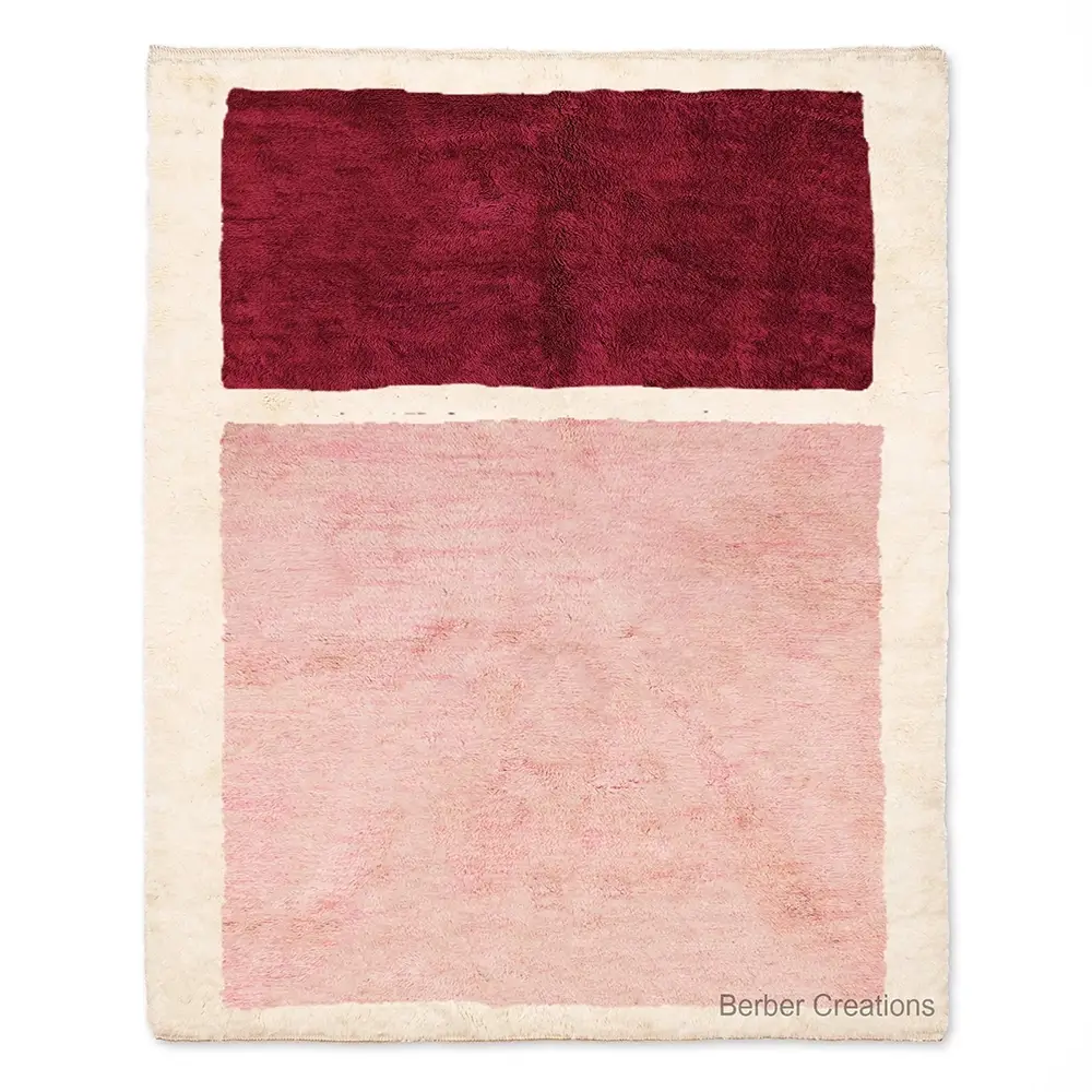 Hand-knotted Beni Ourain rug with abstract color blocks in deep burgundy and blush pink on ivory wool, modern high pile, BLUSH area rug