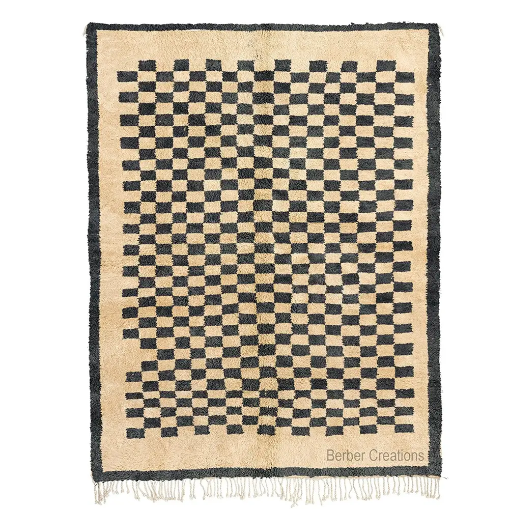 Hand-knotted Beni Ourain rug with bold black and ivory checkered pattern, high pile wool, CHECKERS area rug
