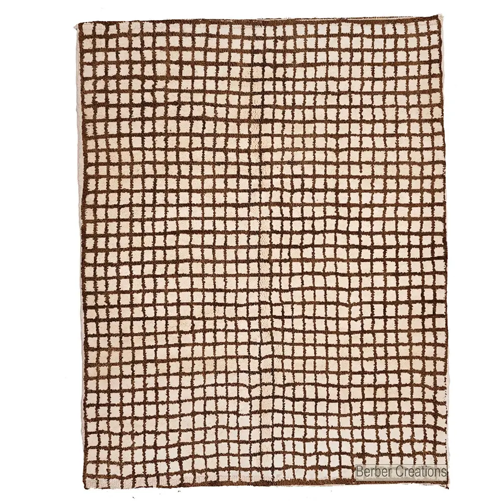 Hand-knotted Beni Ourain rug with brown grid pattern on ivory wool, modern checkered design, GRID area rug