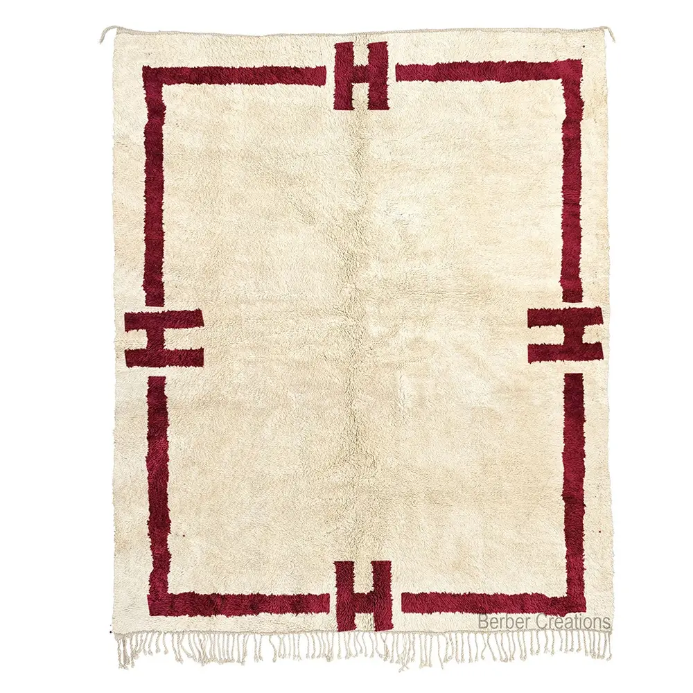 Hand-knotted Beni Ourain rug with geometric H border pattern in deep burgundy, HECTOR area rug