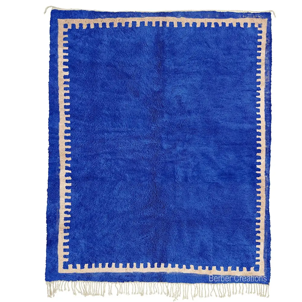Indigo Moroccan rug, hand-knotted, plush wool, classic geometric border, AZURE area rug