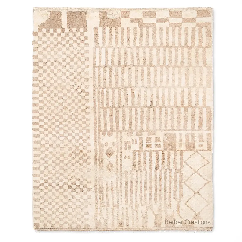 Moroccan patterned Berber rug, featuring a mix of checkerboard, striped, and diamond motifs in natural beige and off-white tones ROKAYA