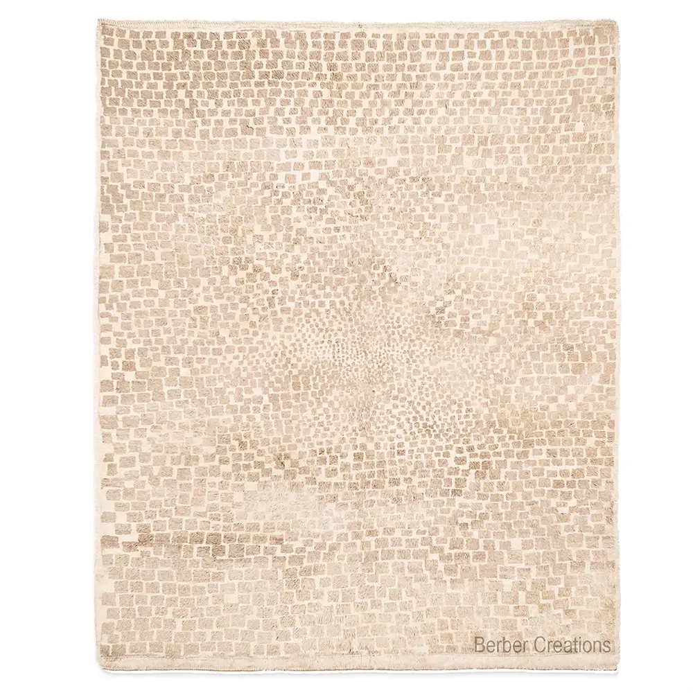 The LAILA Moroccan Berber rug, featuring an all-over, hand-woven tiled pattern in a neutral beige color