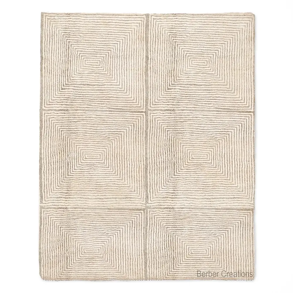 White geometric rug, hand-knotted wool, concentric square pattern grey, DORA area rug