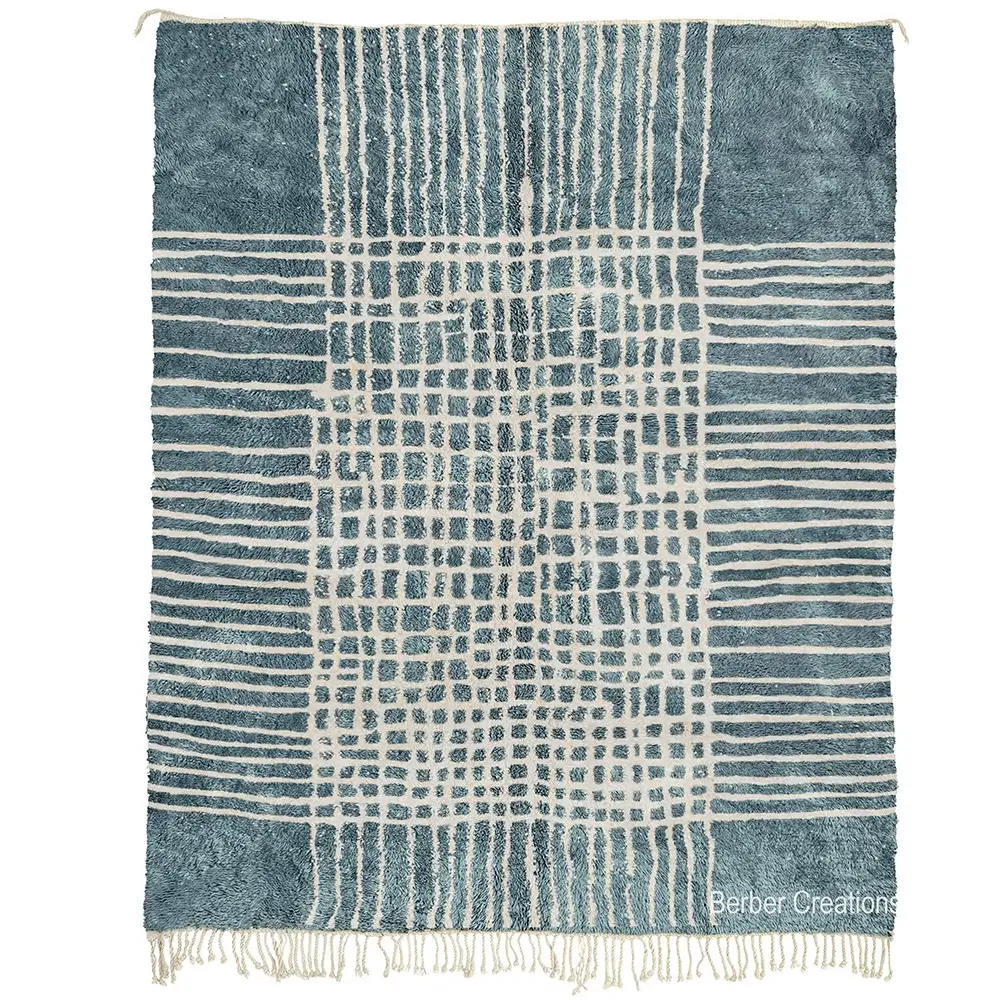 blue and white geometric wool area rug with a Moroccan Berber-style grid pattern VELA (1)