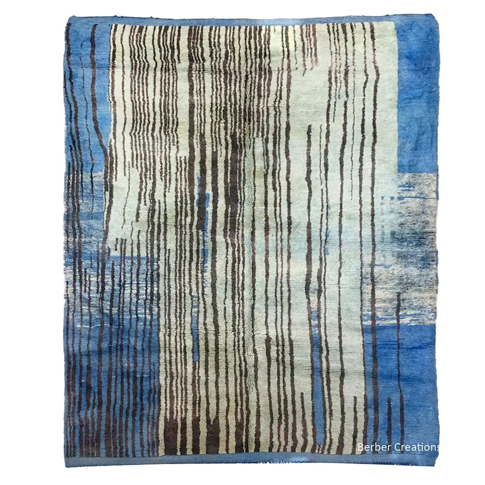 Abstract Blue Moroccan Art Rug with vertical black stripe design and blue color