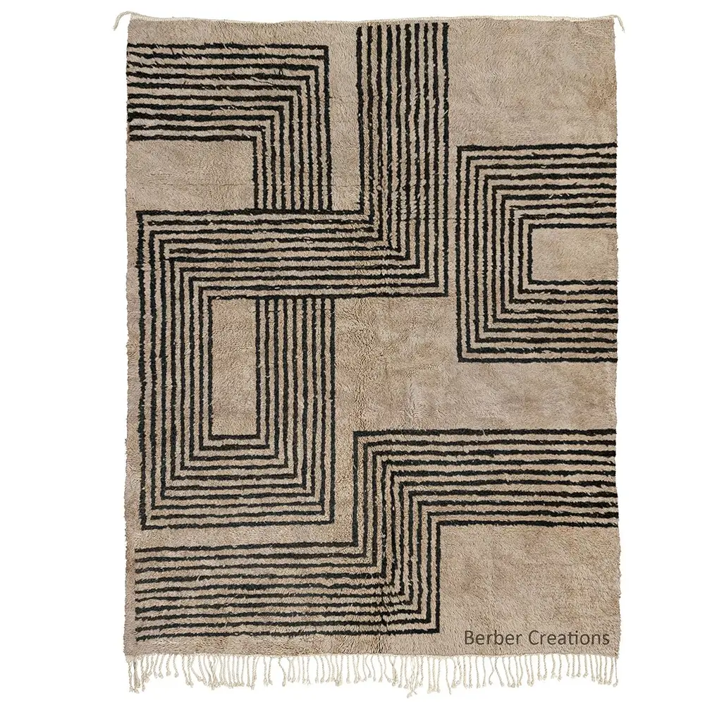 Abstract Geometric Black and Beige Rug with an all-over continuous labyrinth pattern