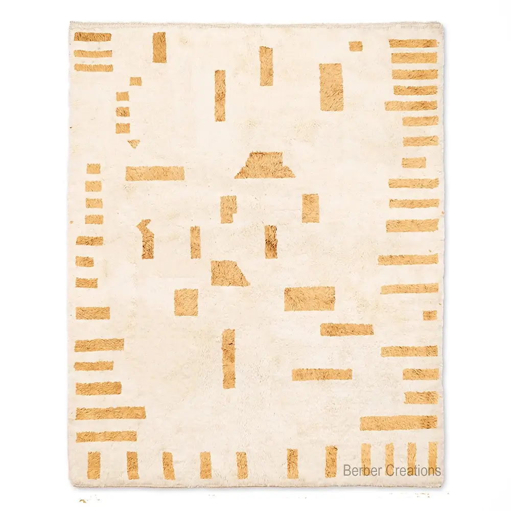 Abstract Moroccan Wool Rug in off-white with gold geometric patterns