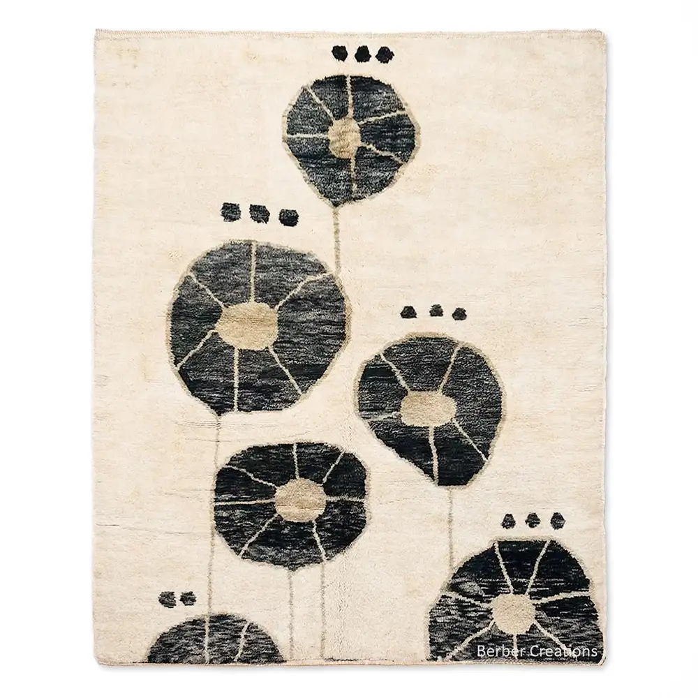 Black and White Floral Moroccan Rug with abstract poppy design