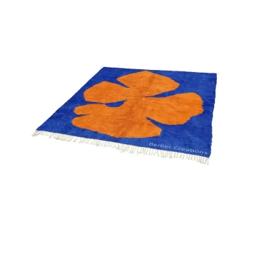 Blue and Orange Abstract Art Rug | High-Contrast Botanical – Hand-Knotted Wool