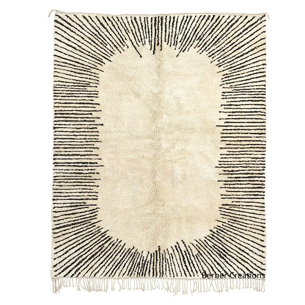 Handmade Beni Rug Abstract Sunburst Black and White