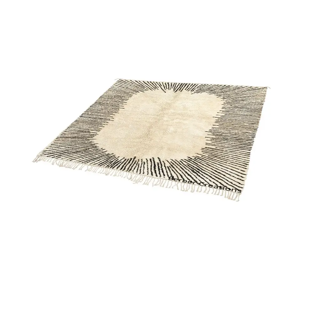 Handmade Beni Rug Abstract Sunburst Black and White flat lay