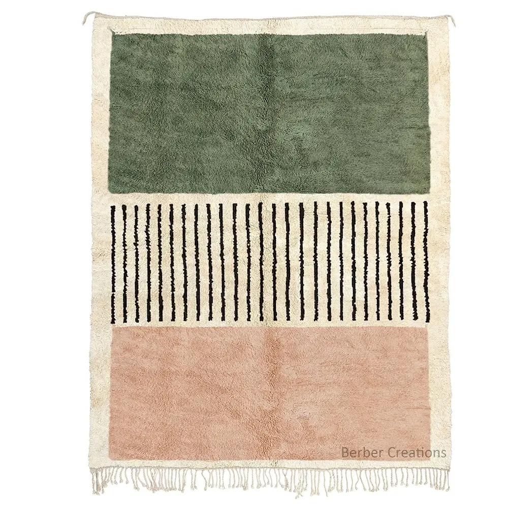 Handmade Beni Rug Green Pink Stripe Block