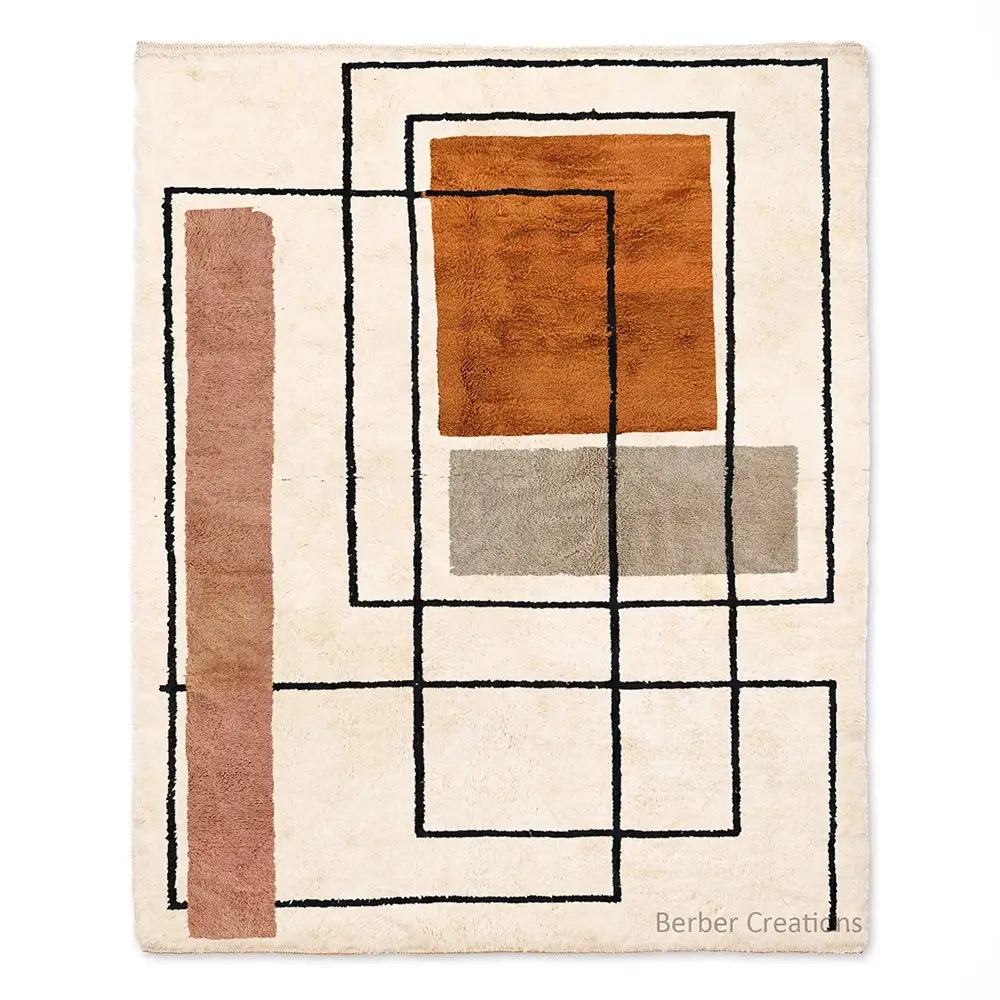 Beni Ourain Mid-Century Modern Abstract Rug with intersecting black frames and color blocks in rust/terracotta and pink.