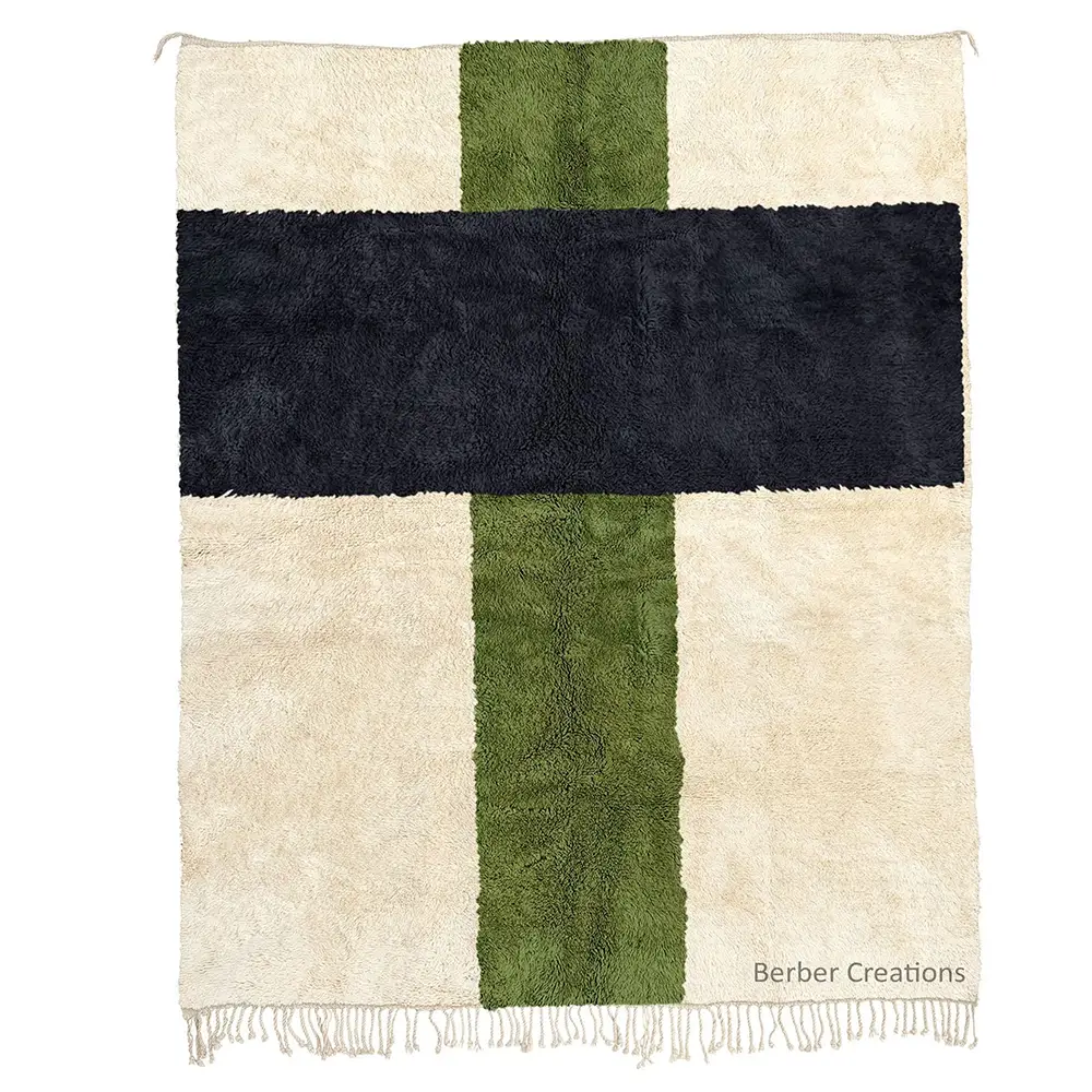 Moroccan Abstract Geometric Green and Black Rug with intersecting color blocks