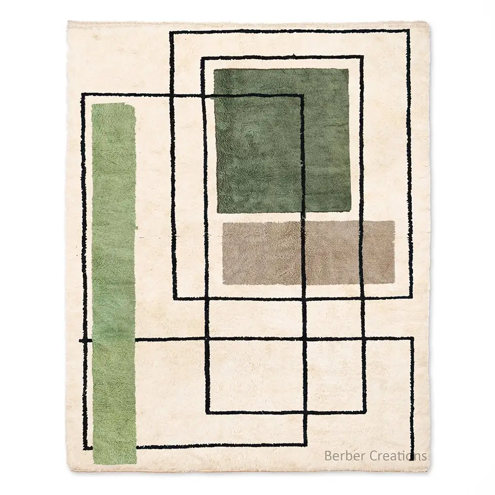 Moroccan Beni Ourain Mid-Century Geometric Rug with intersecting black lines, sage green, and taupe color blocks