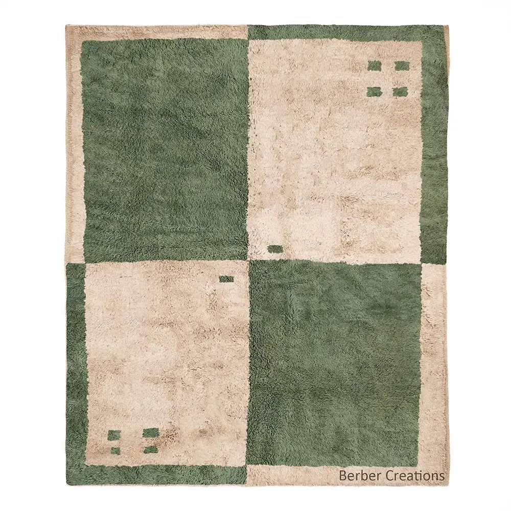 Moroccan Berber Checkerboard Rug in plush wool with large green and beige geometric squares