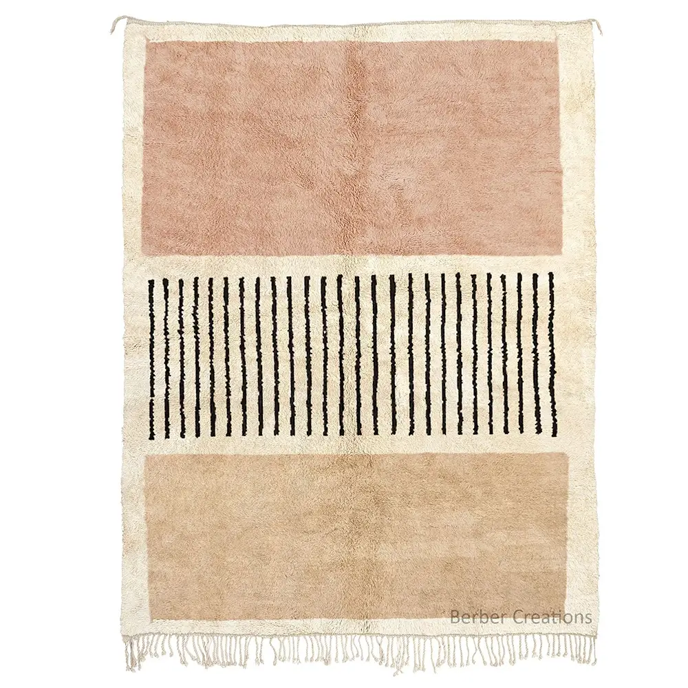 Moroccan Berber Rug with horizontal pink, tan, and black vertical stripes