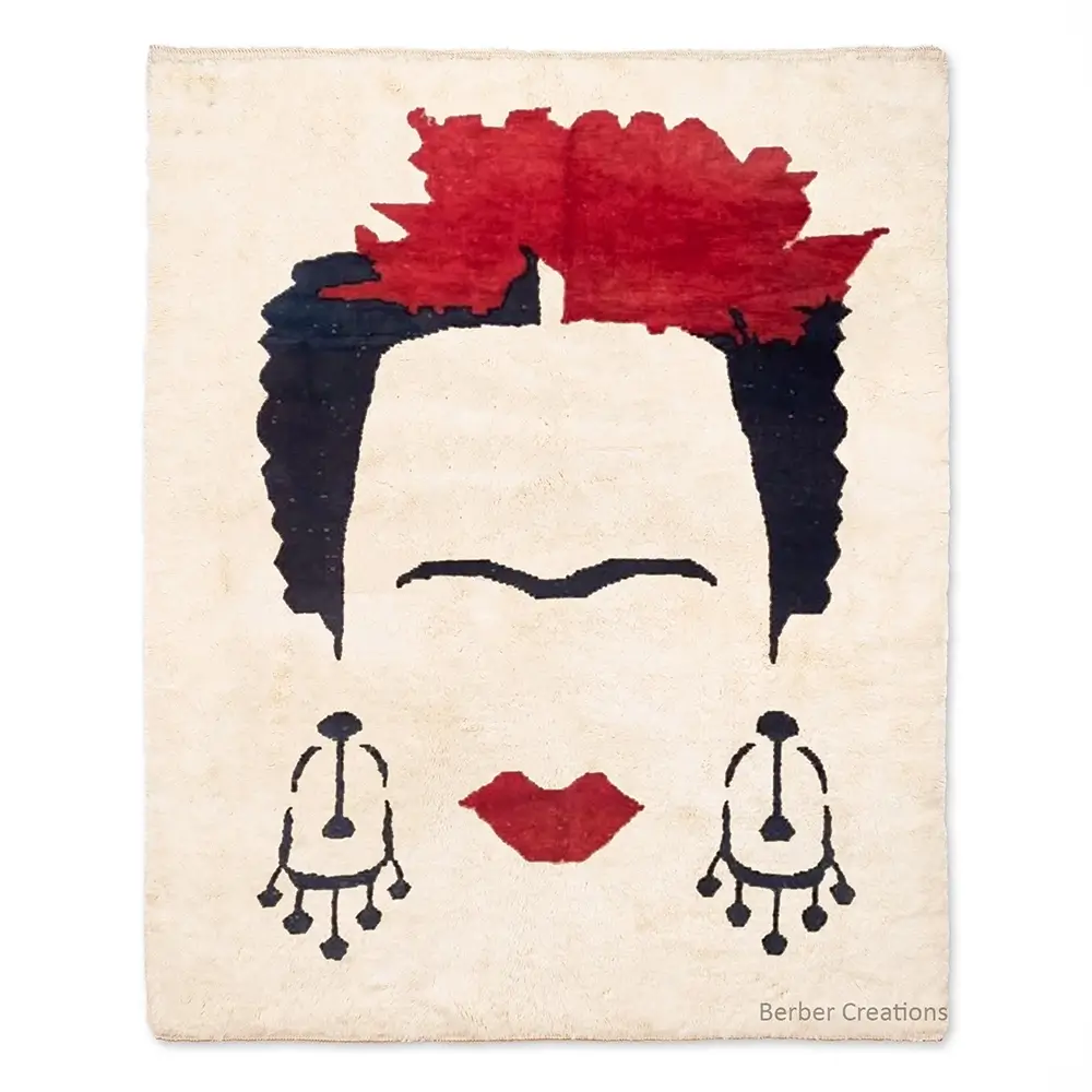Moroccan Frida Kahlo Art Rug with bold red and black portrait imagery