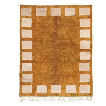 Moroccan Shag Rug | Golden Brown & Cream Geometric Border