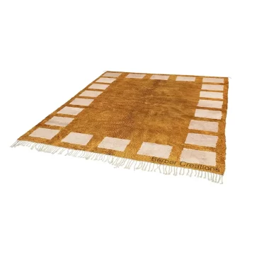 Moroccan Shag Rug | Golden Brown & Cream Geometric Border