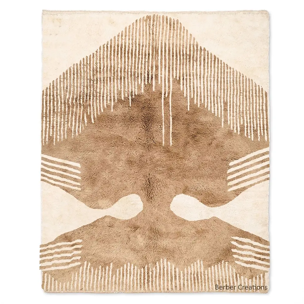 Neutral Moroccan Rug in cream and tan wool with abstract mountain silhouette