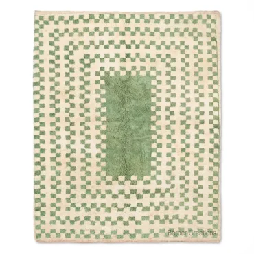 Authentic Hand-Knotted Moroccan Checkered Rug in Green Wool Atlas Jade