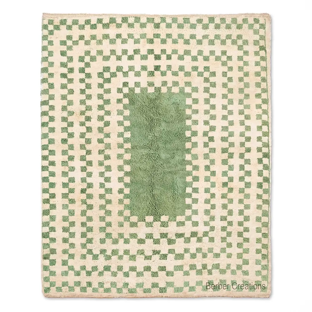 Authentic green and cream checkered Moroccan rug, hand-knotted wool