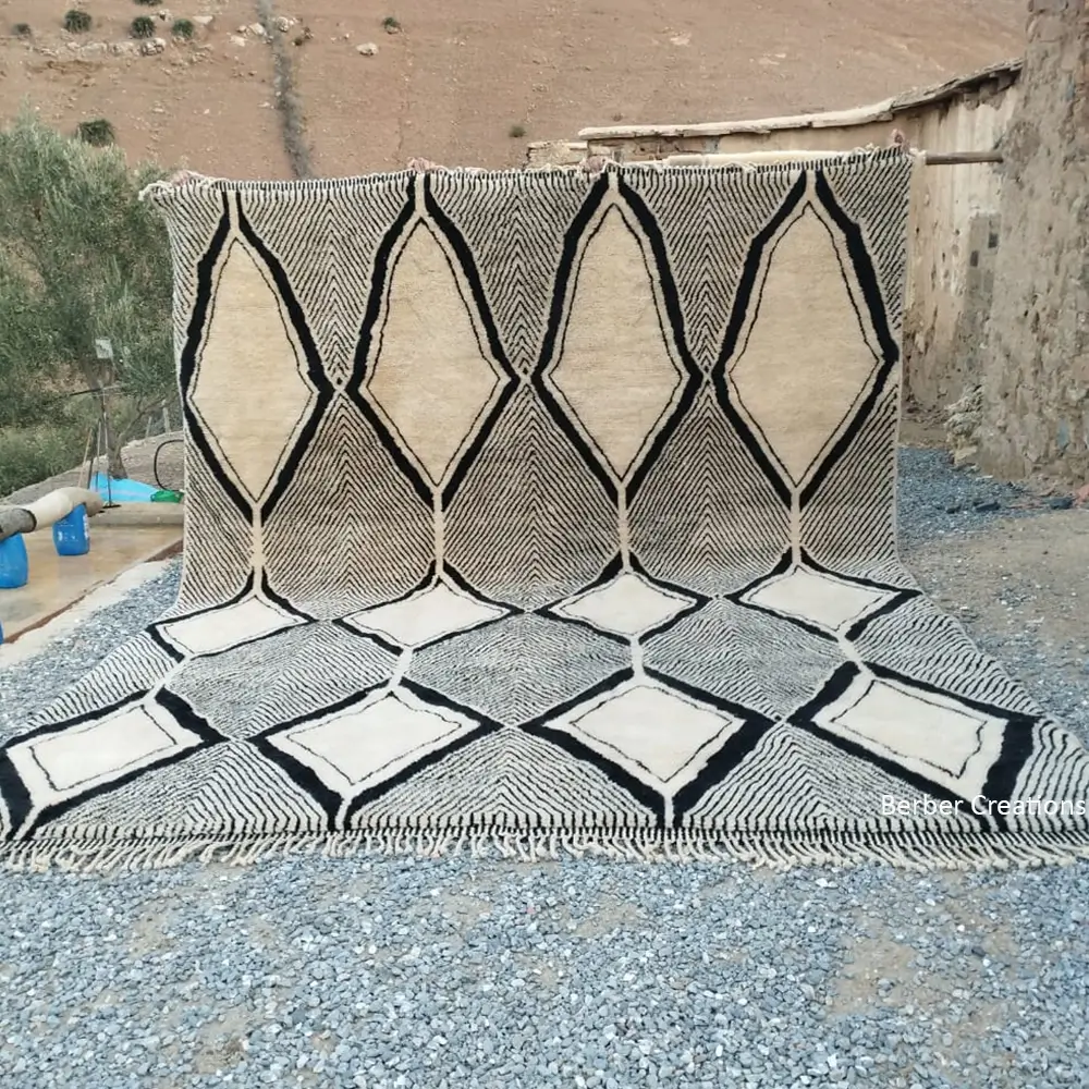 Luxury Hand-Knotted Beni Mrirt Rug |Ivory Diamond Wool atlas shifaa