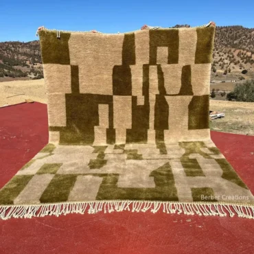 Handmade Aghilas Abstract Geometric Berber Shag Rug – Olive Green & Natural