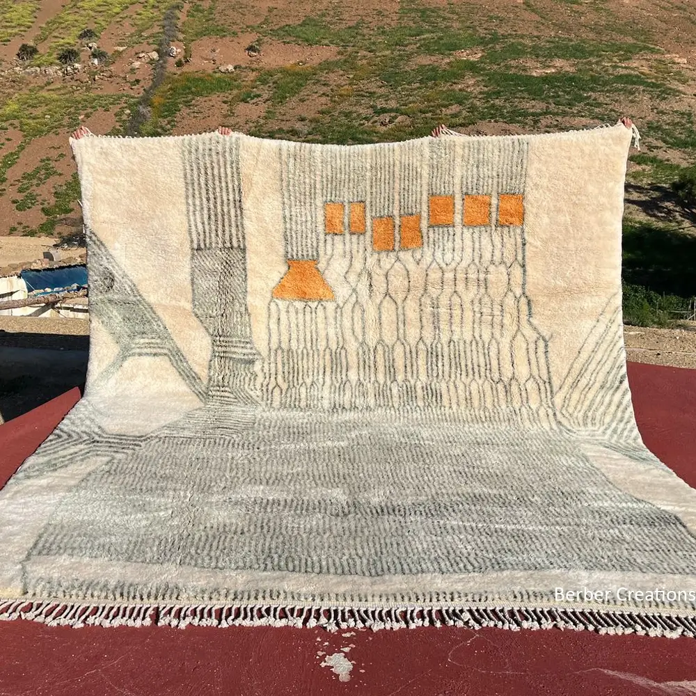 Handwoven Moroccan Beni Mrirt rug in cream, gray, and orange geometric design – Atlas Columns