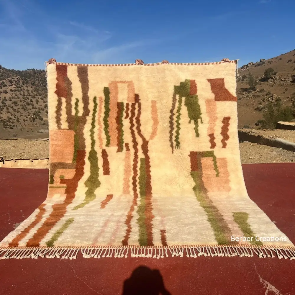 Luxury handwoven Beni Mrirt Talisman rug, abstract design with green, terracotta, and brown colors