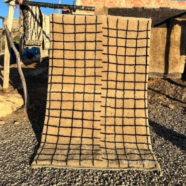 Double Grid Beige & Black Beni M’rirt Rug – Hand-Knotted Luxury Moroccan Wool