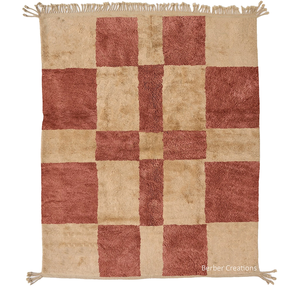 Handmade Checkered Moroccan Wool Rug | Beige & Red Berber Style IFRANE