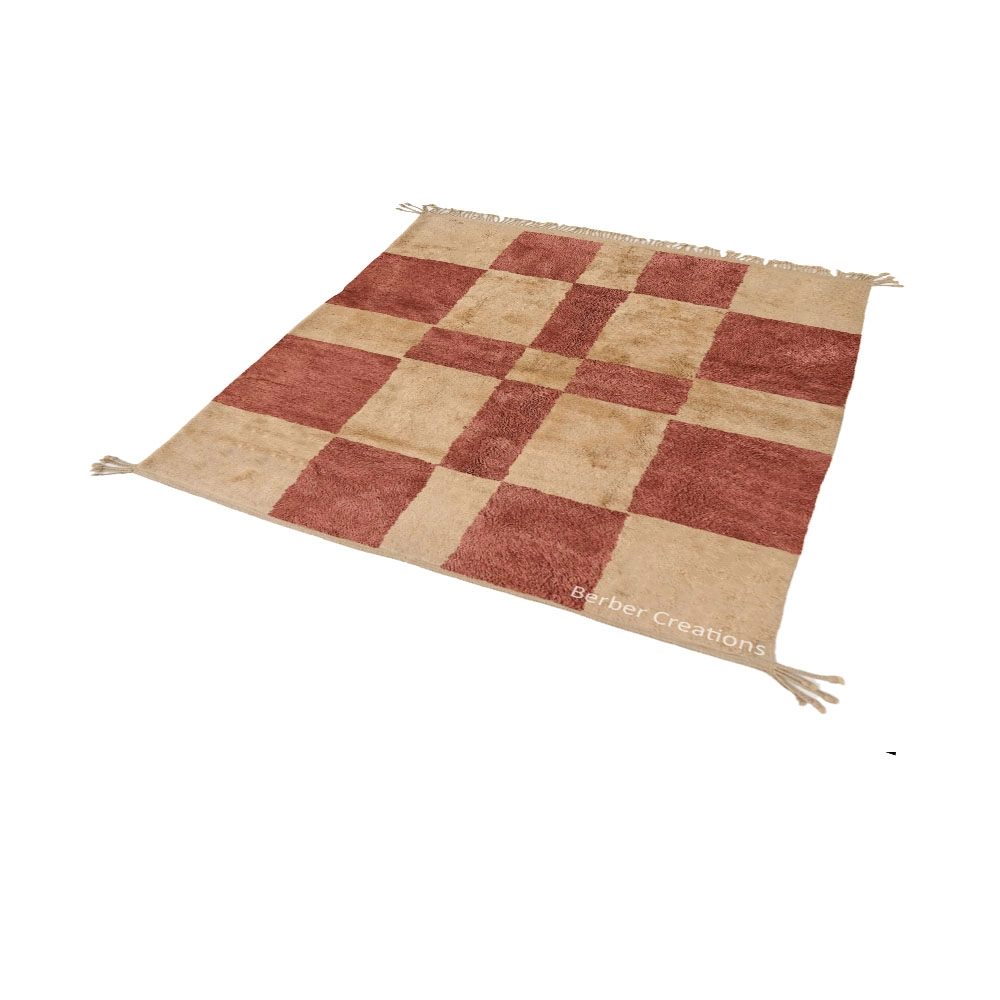 Handmade Checkered Moroccan Wool Rug | Beige & Red Berber Style IFRANE