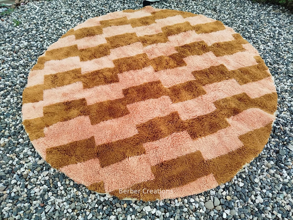 Custom round handmade Moroccan wool rug, The Amber Orbit pink and ochre geometric stepped pattern (1)