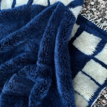 Checkerboard Border Deep Blue Beni M’rirt Rug – Hand-Knotted Luxury Moroccan Wool
