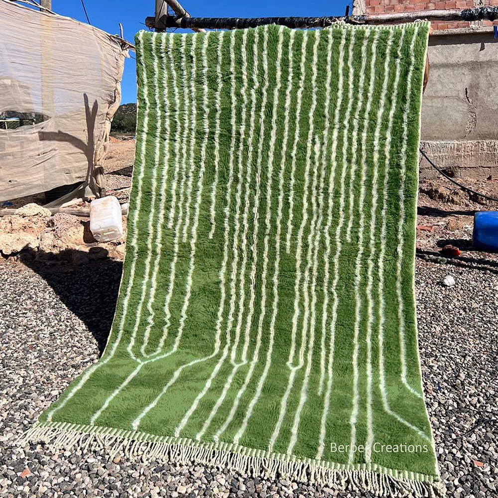 Forest green Beni M’rirt Moroccan rug ivory vertical stripes
